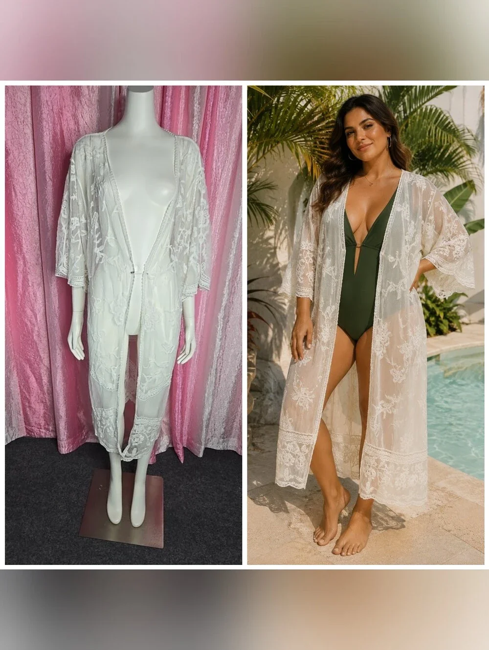 Mi Ami White Floral Lace Open Beach  Kimono Robe Boho Coverup Size Large